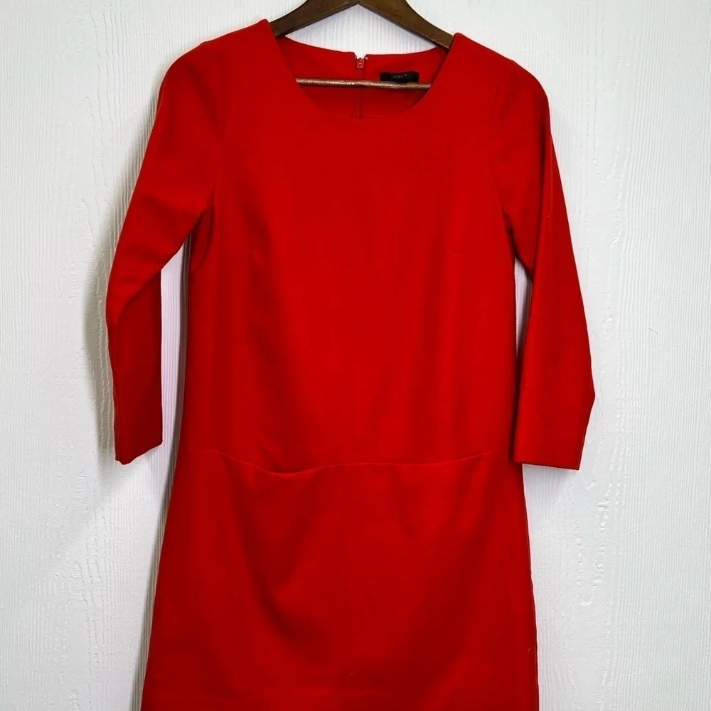 J.Crew - Red Wool And Spandex Blend 3/4 Sleeve Shift 2 Pocket Dress Size 0